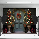 Lofaris Retro Blau Tür Bäume Feiert Weihnachten Hintergrund